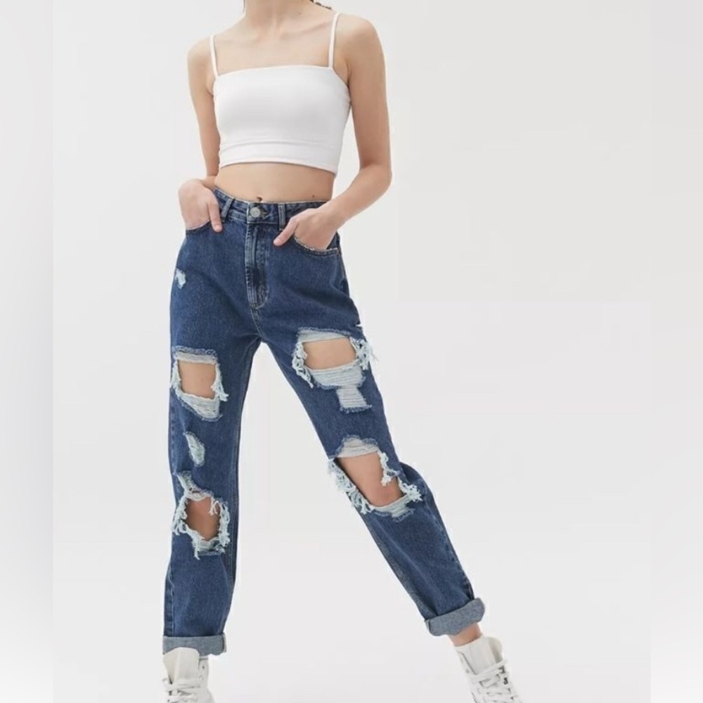 BDG Mom High Rise Distressed/Ripped Jeans in Dark Wash- Urban Outfitters